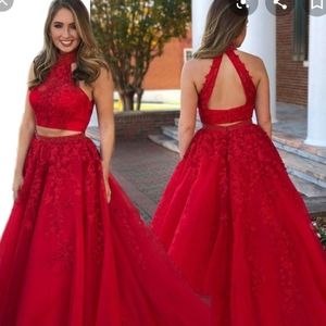 Sherri Hill 2 piece lace prom dress choker neck